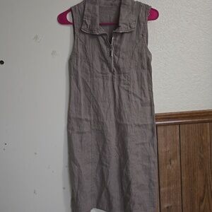 100% LINEN Sleeveless Taupe Linen-Blend Midi Dress with Zip Collar